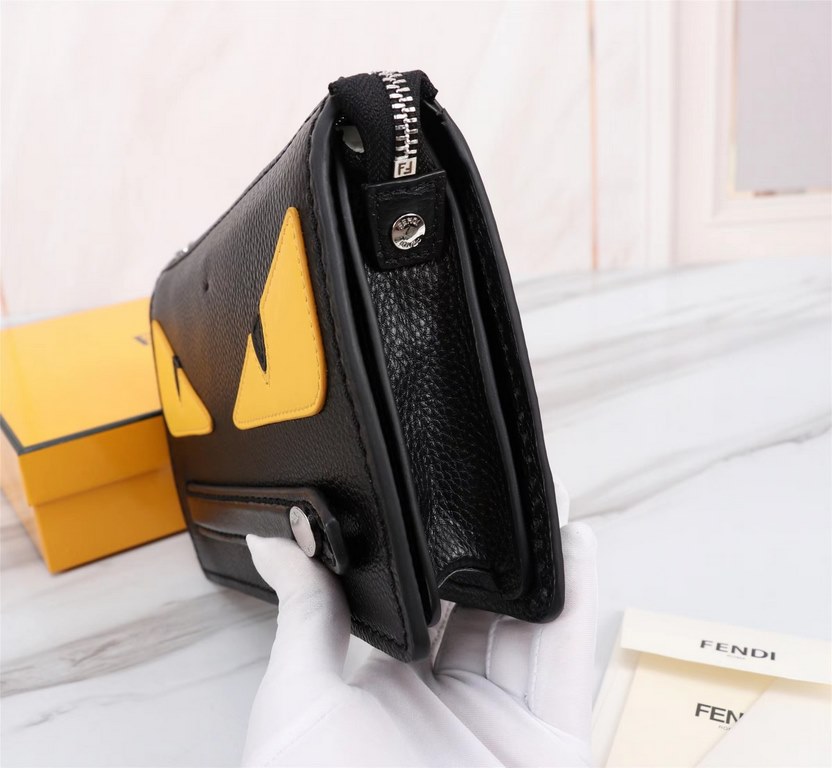 Brand FENDI FendiModel No. Yellow Sticker Clutch Bag for MenItem No. 768568Color black   egg yolkMaterial first layer imported Lychee grain cowhideSize 23155F family fendi clutch bag in calf leather with metal BAG BUGS e