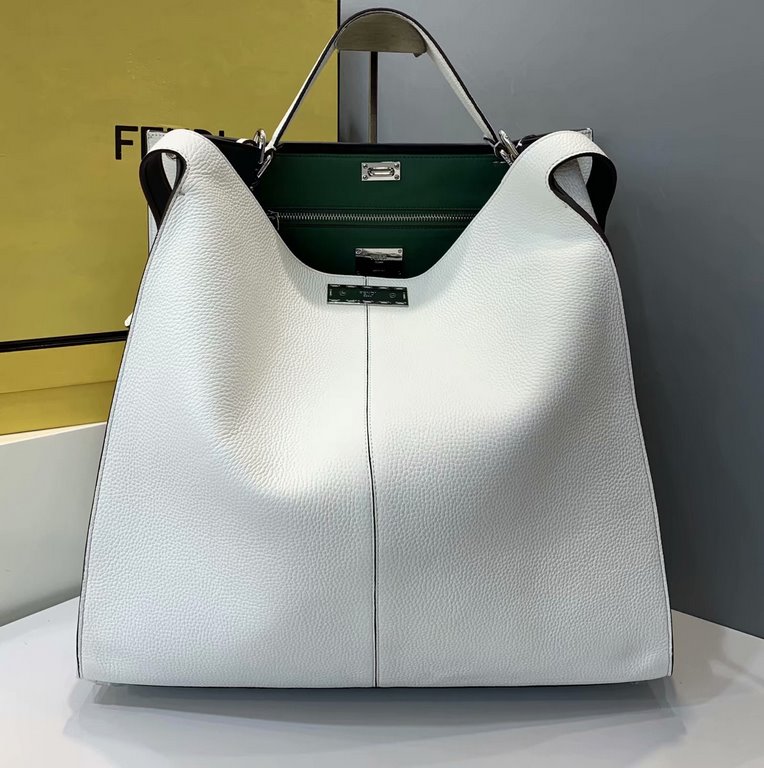 F home white peekaboo upgraded tote bag in soft lychee grain cow   leather.size41.22.39cm