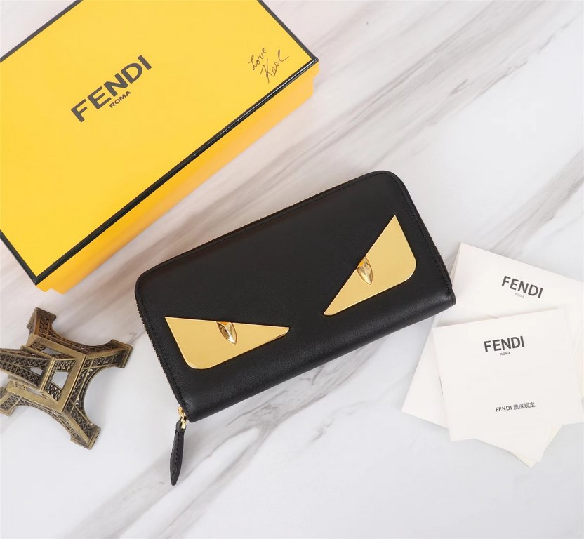 Brand FENDIStyle Single Pull with Gold Iron PieceItem No. 868568Color black golden ironSize 19.510.53Material imported head layer nappa cowhide on the surface, black sheepskin lining, delicate feelFENDI zipper wallet Int