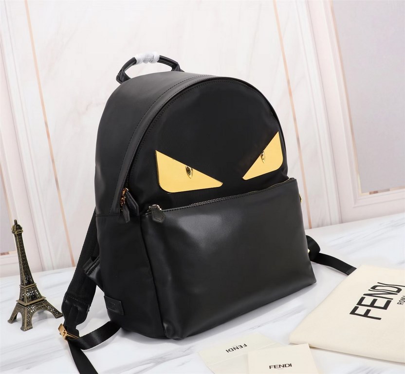 Brand FENDIStyle Gold BackpackItem No. 668568Color blackMaterial waterproof nylonSize 343814cm (Large)     Fendi fendi counter new cloth with microfiber leather backpack   metal plate eyes   fendi small monster backpack 