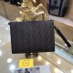 FENDI Fendi F-Home new clutch bag with detachable chain carry handle, internal card holder, front with zipped diagonal pocket with zipper closure, in curry textured fabric material with FF pattern. Finished with black le