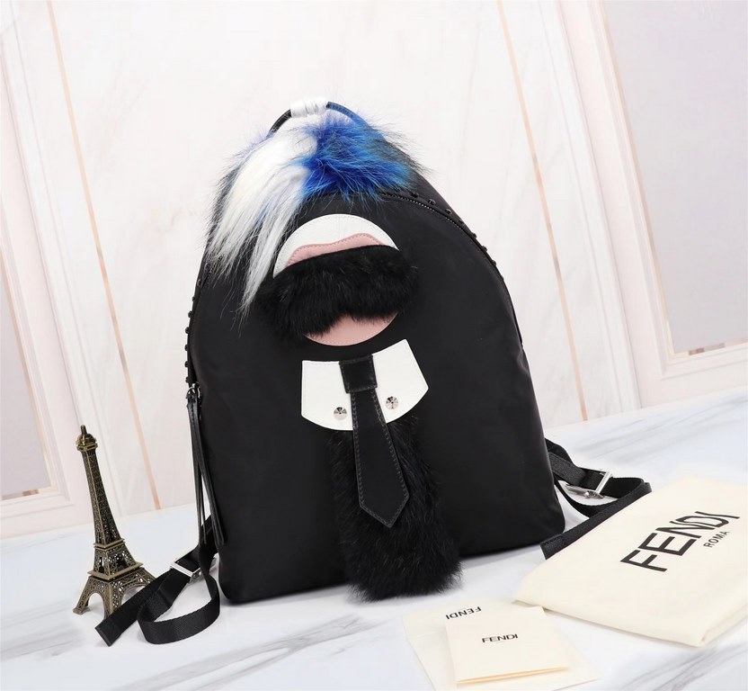 Brand FENDI FendiModel Fendi Backpack (Large)Item No. 668568Color black   fox furMaterial waterproof nylon fabric   microfiber leatherSize 323714cm FENDI nylon patchwork leather Old Buddha backpack with little monster ey