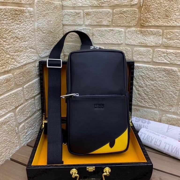 ￥ (Upgraded original quality) Model 528-4   Fendi Fendi Little Monster Rectangular Backpack  Men's Crossbody Chest Bag made of black tech fabric and embellished with the same color leather. A great travel bag with two co