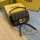 [FD Home] New logo mini shoulder handbag with flap magnetic snap closure. Adjustable and removable long chain leather shoulder strap. Jacquard fabric with large FF pattern. Embroidered silhouette with black stitching. Go