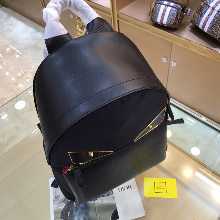 FENDI Fendi  2023 counter synchronization latest backpack, original quality   two-tone eyes shipping   with front pockets, black nylon fabric with head layer of South African leather customized   adorned with lenticular 