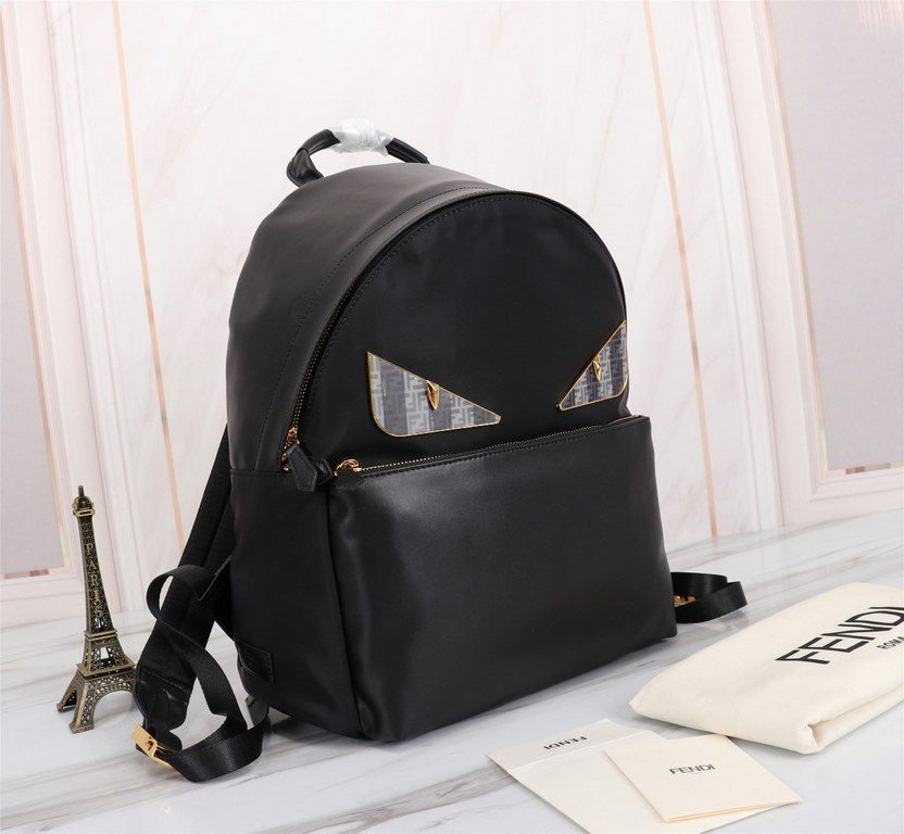 Brand FENDIModel Backpack with lettersItem No. 668568Color blackMaterial waterproof nylonSize 343814cm (Large)     Fendi fendi counter new cloth with microfiber leather backpack   metal plate eyes   fendi small monster b