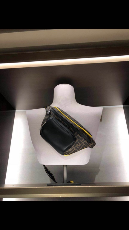 Modern new fanny pack with adjustable belt Black leather and yellow cord details FF charts make a fashionable cover to recreate a personalized trendy style 28x18x6cm