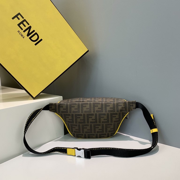 Modern new fanny pack with adjustable belt Black leather and yellow cord details FF charts make a fashionable cover to recreate a personalized trendy style 28x18x6cm