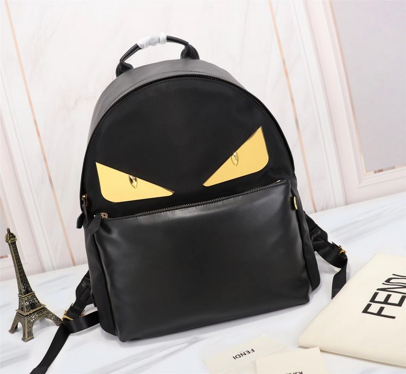 Brand FENDIStyle Gold BackpackItem No. 668568Color blackMaterial waterproof nylonSize 343814cm (Large)     Fendi fendi counter new cloth with microfiber leather backpack   metal plate eyes   fendi small monster backpack 