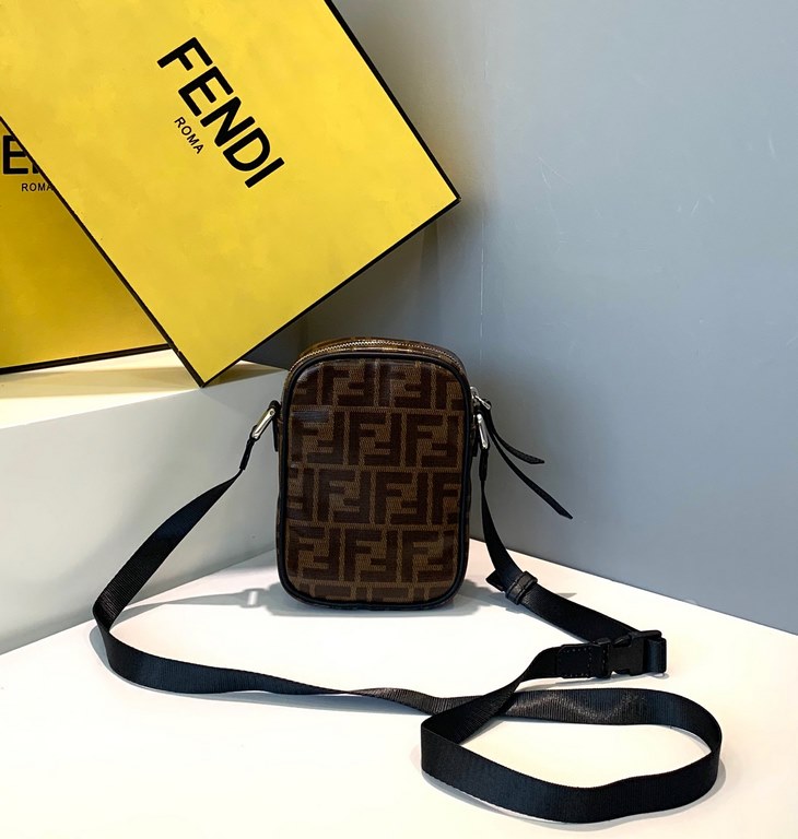 F Family Oval crossbody bag with F embossed in brown waterproof material and top zipper opening.13.5.18cm