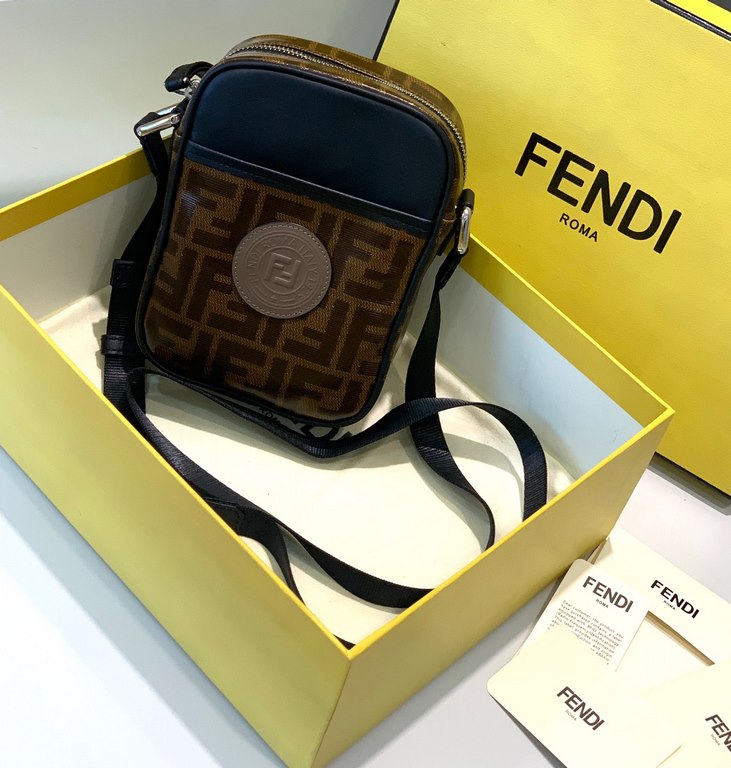 F Family Oval crossbody bag with F embossed in brown waterproof material and top zipper opening.13.5.18cm