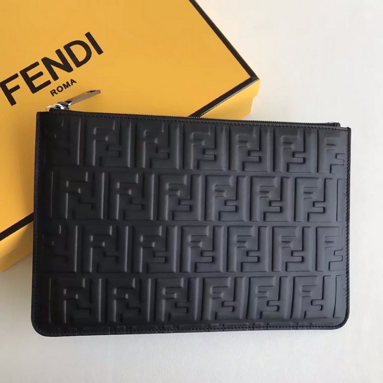 F Family Black Embossed Calfskin Clutch Bag, Decoration The whole bag is embossed by 'F', very simple and fashionable, 30cm