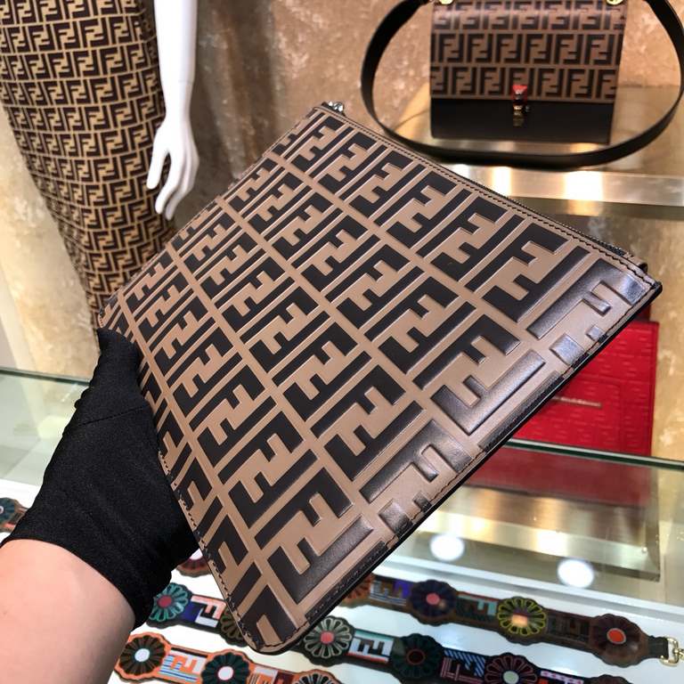 F Family Mocha Brown Embossed Calfskin Clutch Bag, Decoration The whole bag is embossed by 'F', very simple and fashionable, 30cm