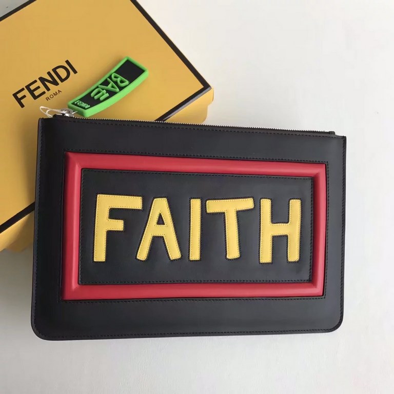 F family thin clutch bag in black calf leather with F and FAITH lettering on the back with F VOCABULARY-inspired appliqués and multicolored rubber details. 30cm.