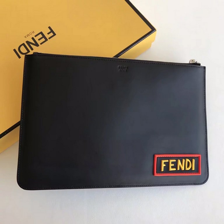 F family thin clutch bag in black calf leather. The back features F and LOVE inlays and multicolored rubber details inspired by the F VOCABULARY theme. 30cm.