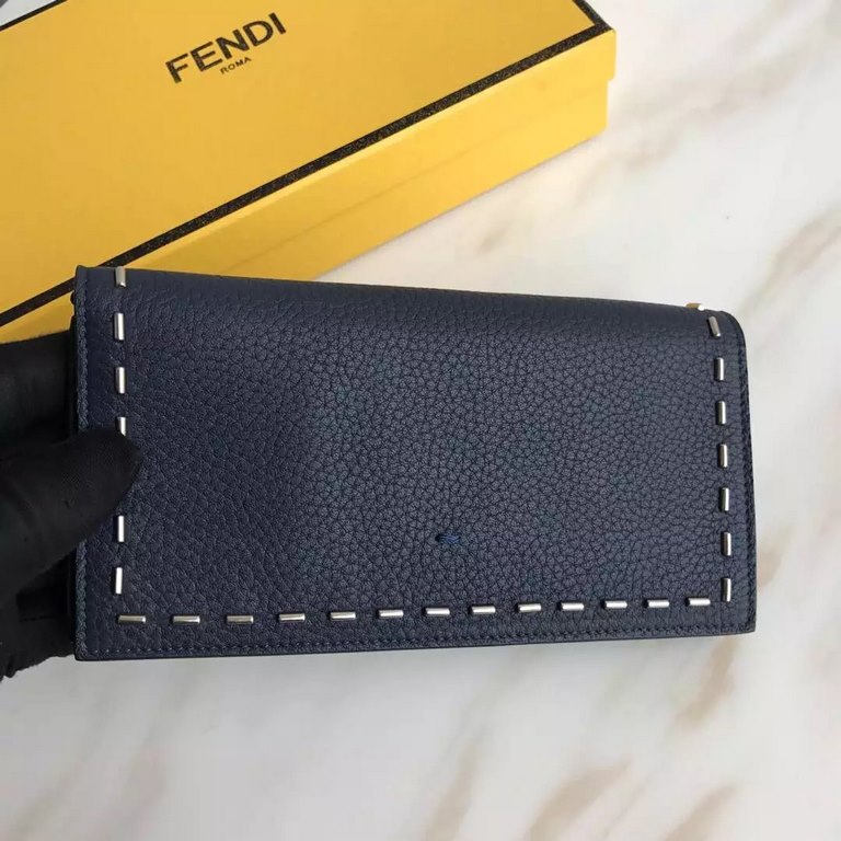 Navy Blue White Studded Lychee Roma SELLERIA Long Wallet with Studded Handmade. Lining with 13 card slots, 1 spacious crotch-access compartment, flat flap pocket and zipper pocket. 19cm.