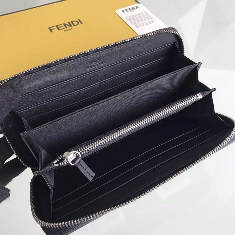 F family black wrap-around zipped CONTINENTAL wallet with colorful metal appliqués and resin rivets for SQUARE EYES detailing, slotted interior compartment, zipped pocket, 8 card slots and 2 flat side pockets. 19cm.