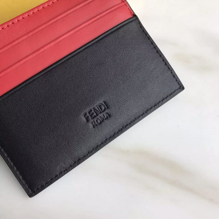 Upgraded Little Monster Card Case BlackRed Soft grain leather card holder with center compartment and 6 card slots. 10cm.