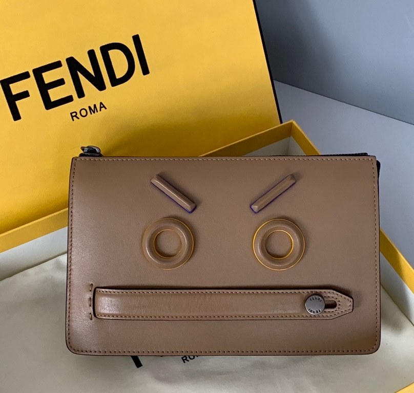 Clutch bag in calfskin leather, decorated with an embossed Breathless emoji pattern in the same color and multicolor details, contrasting edges and handles, 3 internal compartments, 8 card slots, 1 spacious welt pocket, 