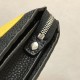 F family black lychee leather clutch bag with yellow leather BAG BUGS eye pattern inlaid trim, tote strap and zipper closure, three interior compartments with eight card slots, a wide crotch catching billfold, organizer 