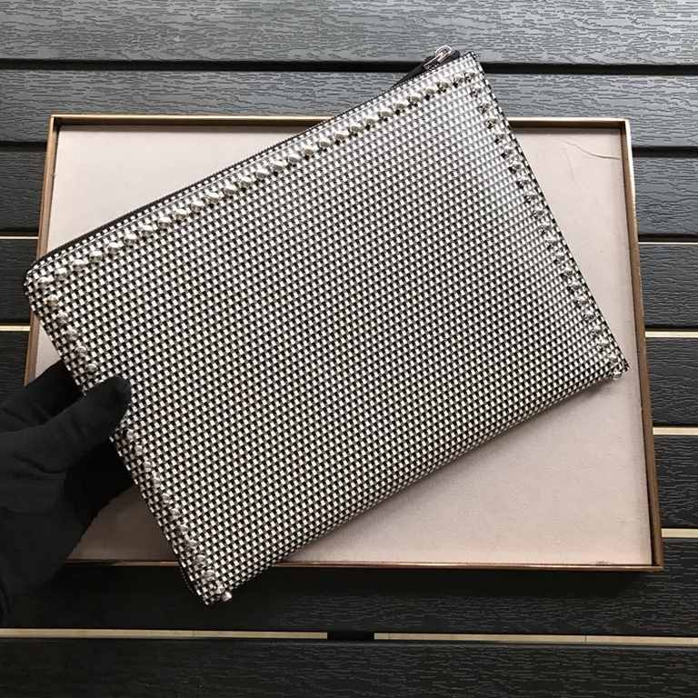 F's upgraded silk-screened figurine Old Master patterned calfskin clutch bag featuring perimeter studded trim and center Old Master stylized decorative detailing, top zipper and crotch-access lining. 30cm.