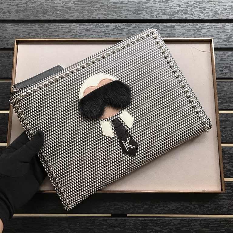 F's upgraded silk-screened figurine Old Master patterned calfskin clutch bag featuring perimeter studded trim and center Old Master stylized decorative detailing, top zipper and crotch-access lining. 30cm.