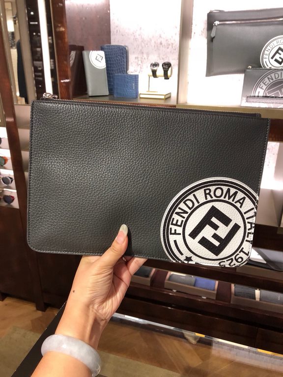 Cool [Delightful] Soft Feel Leather Envelope Clutch Gray #3D Silkscreen Double F Logo, Minimalist Style. 30-20cm