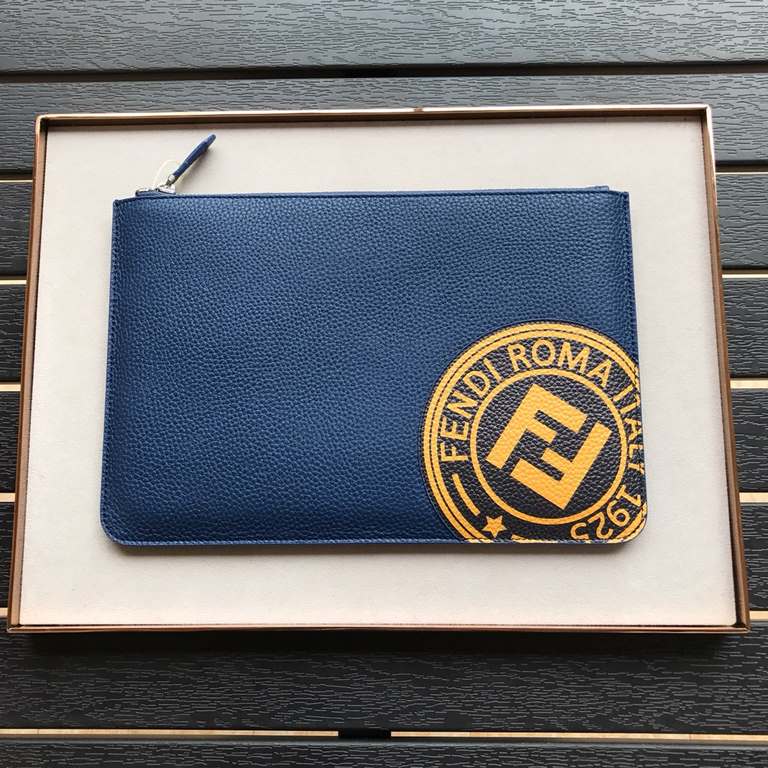 Cool [Delight] Soft Feel Leather Envelope Clutch Blue #3D Silkscreen Double F Logo, Minimalist Style. 30-20cm