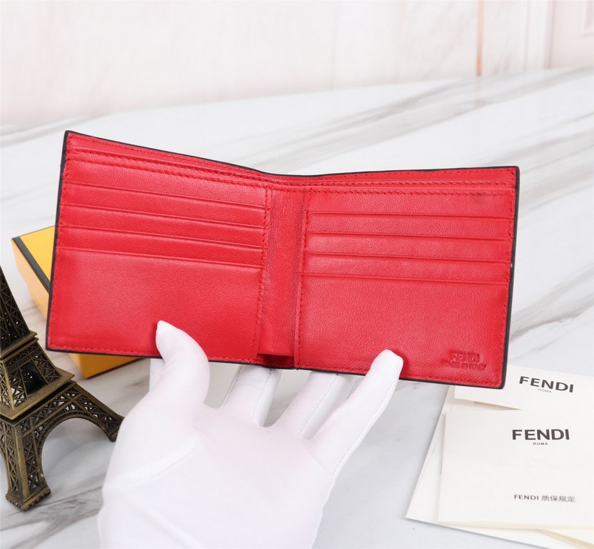 Brand FENDIStyle Yellow Sticker ClipItem No. 968568Color black   lemon yellowSize 129.52Material large surface with imported first layer of Napa cowhide, lining with red sheepskin, feel delicateFENDI short clip wallet In