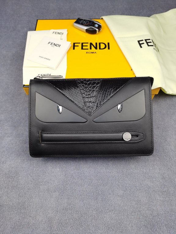 Brand FENDIModel No. Black Snake Clutch BagItem No. 768568Color BlackMaterial imported nappa leatherSize 23155F family Fendi clutch bag in calf leather with metallic BAG BUGS eye motif and matching color trim, 3 interior