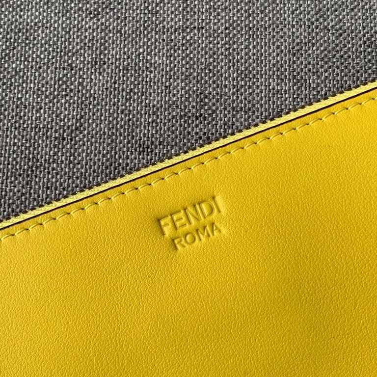 F family thin clutch bag in yellow calf leather, with FEN and THINK lettering on the back with appliqués inspired by the FE VOCABULARY theme and multicolored rubber details, zipper closure and palladium-finish metal hard