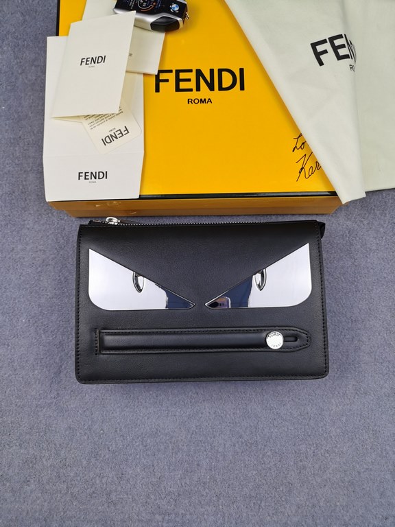 Brand FENDIModel No. Silver Clutch BagItem No. 768568Color Black SilverMaterial First layer imported nappa cow leatherSize 23155F family Fendi clutch bag in calf leather with metallic BAG BUGS eye motif and matching colo