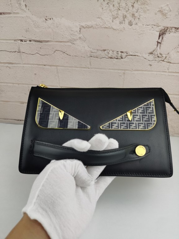 Brand FENDIModel Letter Clutch BagItem No. 768568Color black   lettersMaterial imported nappa cowhide leatherSize 23155F family Fendi clutch bag in calf leather with metallic BAG BUGS eye motif and matching color trim, 3