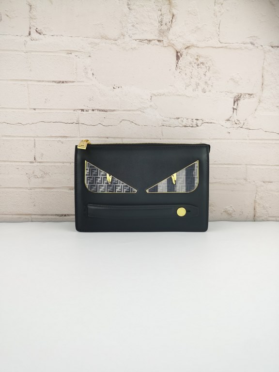 Brand FENDIModel Letter Clutch BagItem No. 768568Color black   lettersMaterial imported nappa cowhide leatherSize 23155F family Fendi clutch bag in calf leather with metallic BAG BUGS eye motif and matching color trim, 3