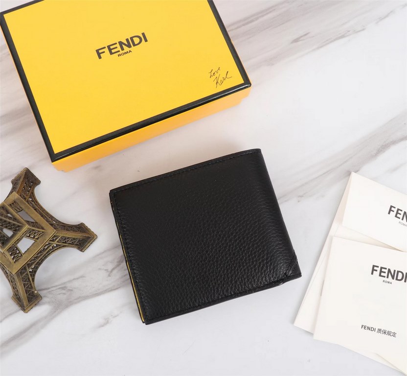 Brand FENDI FENDIStyle Litchi short clipItem No. 968568Color blackSize 129.52Material large surface with the imported first layer of Napa cowhide, lining with yellow sheepskin, feel delicateFENDI short clip wallet Introd