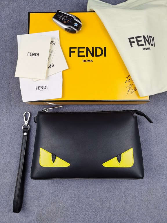 Brand FENDIStyle 9216 YellowItem No. 9216Color black   lemon yellowMaterial imported nappa leatherSize 2616.56Fenjia new light fluorescent yellow eyes thick section leather cow clutch bag, large capacity, decorated with 