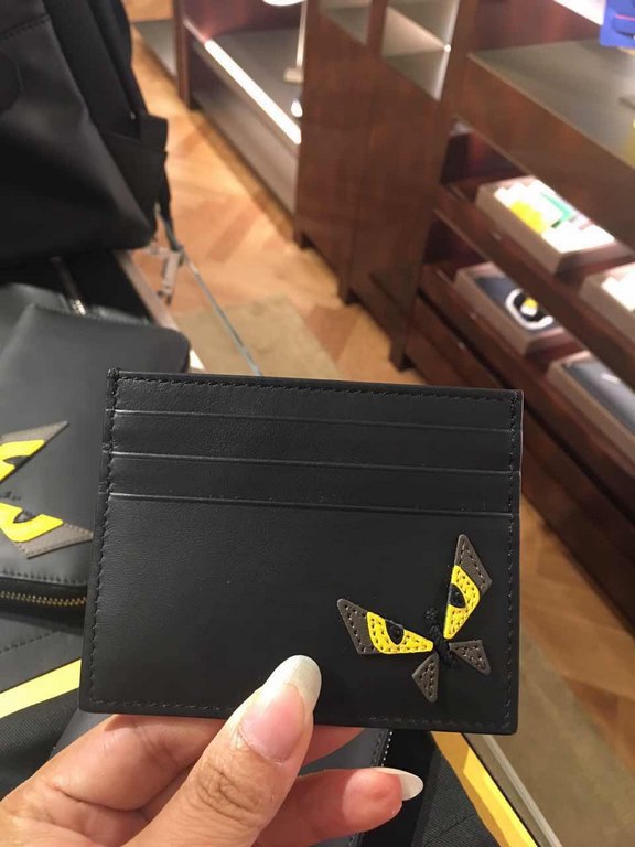 Upgraded Little Monster Card Holder, Matte Spanish   Calfskin Six-Clip Card Holder, Carbon Gray and Yellow Design Inspired by BAG BUGS Eye Pattern.