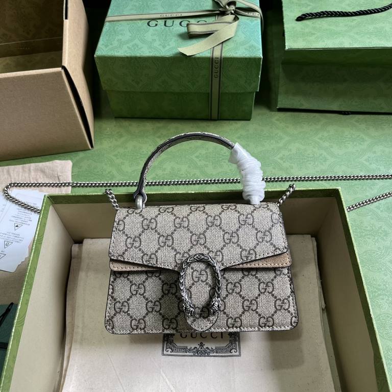 .   Comes with a full set of original green box packaging  Dionysus Collection Mini Tote Bag. This miniature Dionysus bag from the Early Fall 2023 collection is crafted from beige and ebony GG Supreme canvas and features