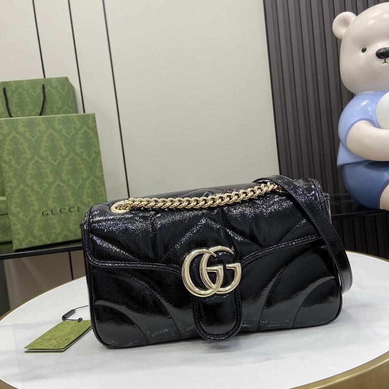 .   Comes with a full set of original green box packaging   GGG Marmont Collection Small Shoulder Backpack. Soft and padded, this GG Marmont shoulder bag is crafted from black patent GG Matelassé leather and embellished 