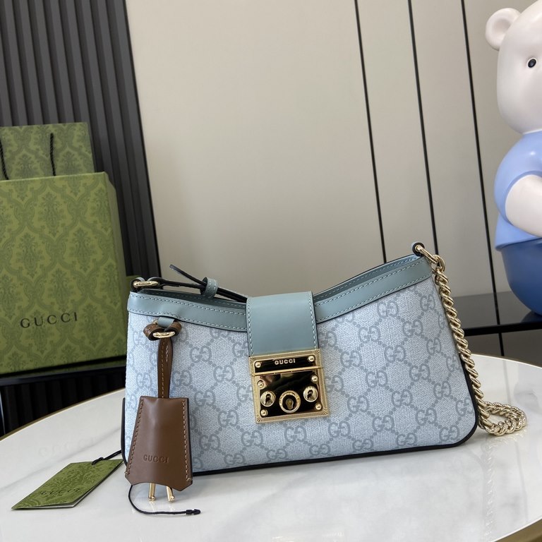 .   With full set of original green box packaging   [New] GG Padlock Collection Small Shoulder Backpack. Inspired by the origins of the brand's handmade luggage workshop, this small shoulder bag is crafted in gray-blue G