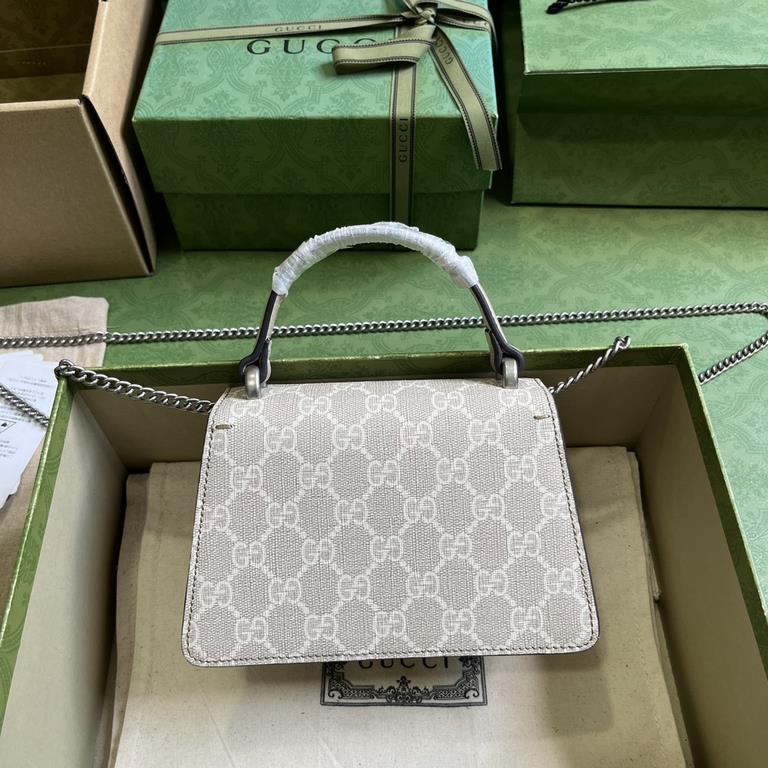 .   Comes with a full set of original green box packaging  Dionysus Collection Mini Tote Bag. This miniature Dionysus bag from the Early Fall 2023 collection is crafted from beige and white GG Supreme canvas and features