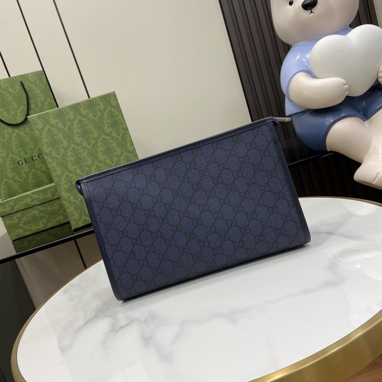 .  With a full set of original green box packaging Ophidia Collection Clutch Bag, this cosmetic bag combines the iconic double G detailing with the GG Supreme canvas in gray and black colors, paying homage to the Gucci b