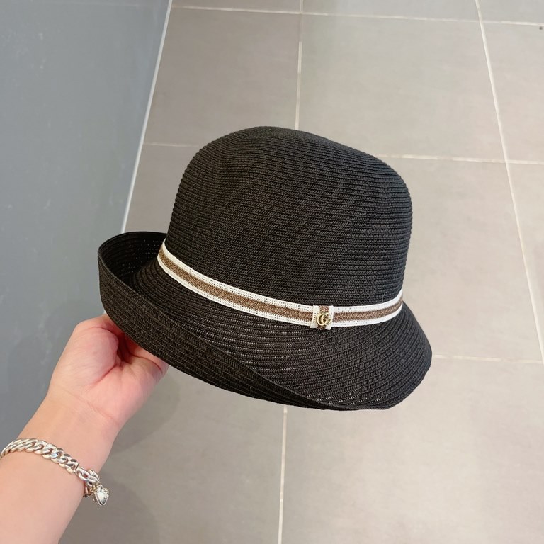 ￥Gucci Gucci New Straw Hat, Rolled Sun Hat, Black Khaki Two Colors, Head Circumference 57cm