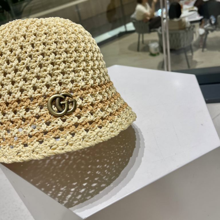 Gucci GUCCI summer women's new hollow colorblocking knitted small pot hat outdoor sunshade sunscreen fisherman hat fashion bucket hat