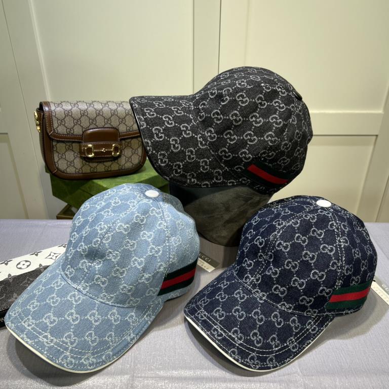 Gucci (Gucci) classic original single baseball cap, double G denim jacquard, retro design, counter 11 open mold order! Original denim fabric   head layer cowhide, lightweight and breathable! In-kind shooting, men and wom