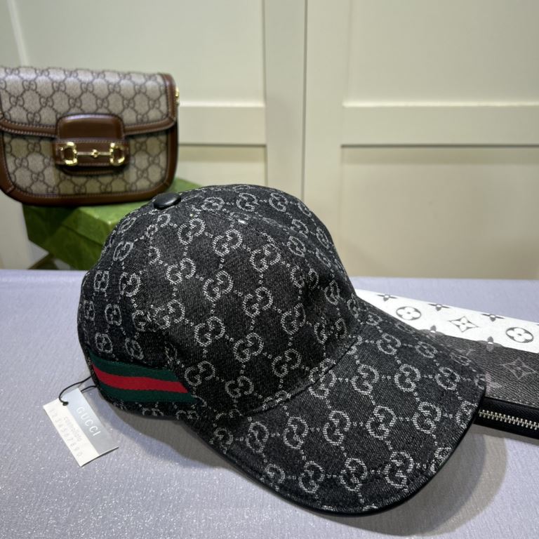 Gucci (Gucci) classic original single baseball cap, double G denim jacquard, retro design, counter 11 open mold order! Original denim fabric   head layer cowhide, lightweight and breathable! In-kind shooting, men and wom