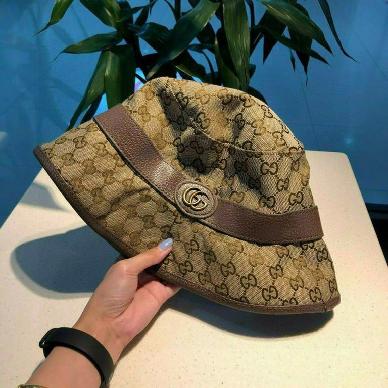 Gucci (Gucci) new original single fisherman's hat    wrapped double G, 11 open mold customization, original canvas material   cowhide micro-labeling, cotton lining, lightweight and breathable, in-kind shooting! Basic hea