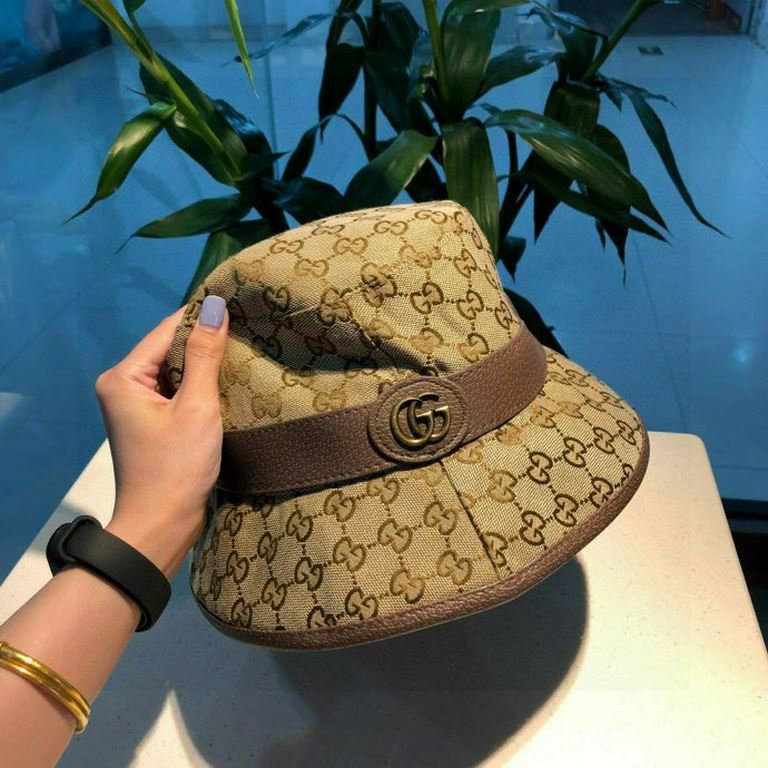 Gucci (Gucci) new original single fisherman's hat    wrapped double G, 11 open mold customization, original canvas material   cowhide micro-labeling, cotton lining, lightweight and breathable, in-kind shooting! Basic hea