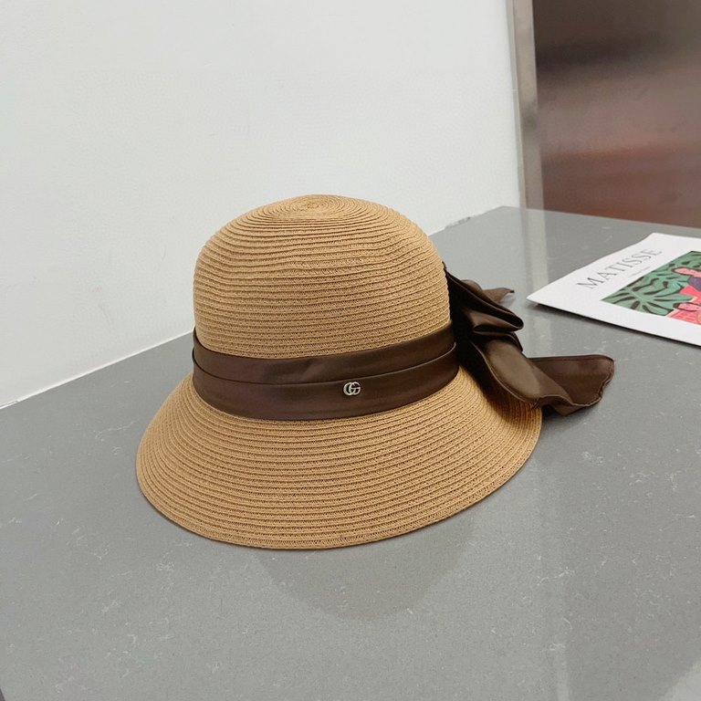 Gucci Gucci Straw Hat, Celebrity Style Sun Hat, Satin Bow Floppy, Head Circumference 57cm