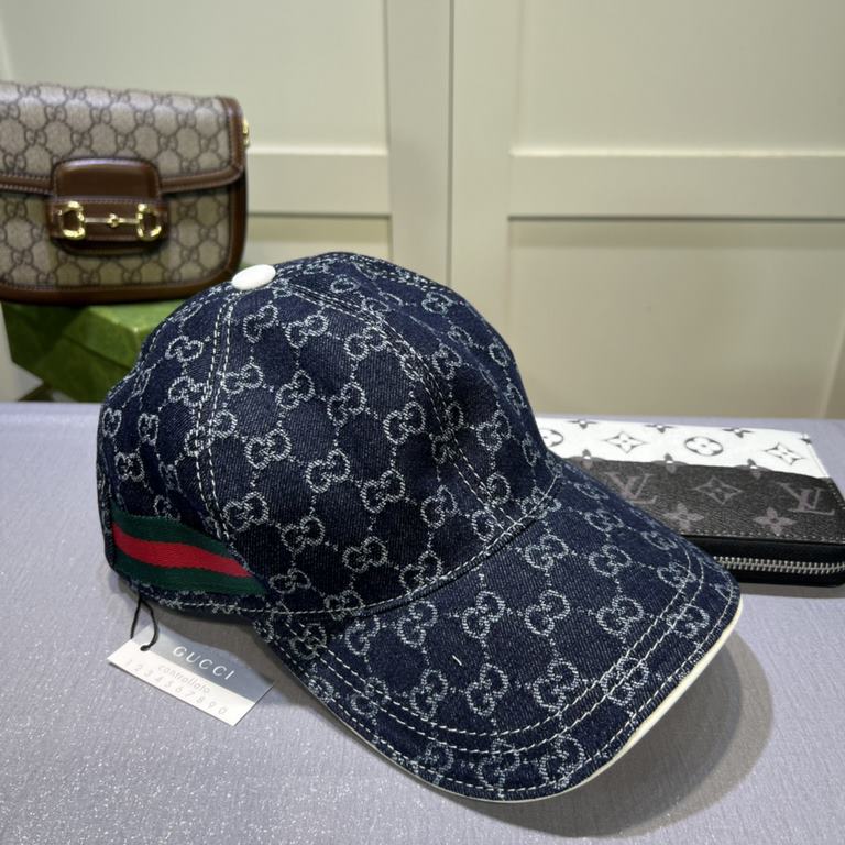 Gucci (Gucci) classic original single baseball cap, double G denim jacquard, retro design, counter 11 open mold order! Original denim fabric   head layer cowhide, lightweight and breathable! In-kind shooting, men and wom